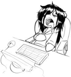 Size: 438x472 | Tagged: safe, artist:whydomenhavenipples, oc, oc only, oc:floor bored, earth pony, pony, chest fluff, clothes, computer, computer mouse, cute, drool, female, grayscale, heart attack, hnnng, hoodie, mare, monochrome, open mouth, reaction image, solo