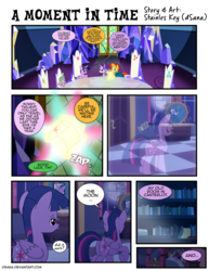 Size: 1275x1650 | Tagged: safe, artist:dsana, spike, starlight glimmer, sunburst, twilight sparkle, alicorn, dragon, pony, comic:a moment in time, g4, comic, female, filly, filly twilight sparkle, magic, map room, mare in the moon, moon, scroll, sleeping, throne room, time travel, twilight sparkle (alicorn), twilight's canterlot home, younger
