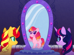 Size: 1024x768 | Tagged: safe, artist:carouselunique, sci-twi, sunset shimmer, twilight sparkle, oc, oc:honeycrisp blossom, unicorn, series:sciset diary, equestria girls, g4, equestria girls ponified, magic mirror, parent:big macintosh, parent:princess cadance, parents:cadmac, unicorn sci-twi