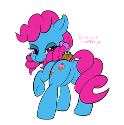 Size: 1280x1284 | Tagged: safe, artist:xbi, cup cake, earth pony, pony, g4, 30 minute art challenge, butt, chiffon swirl, cupcake, featureless crotch, food, looking at you, plot, simple background, white background