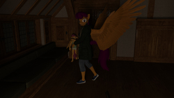 Size: 1920x1080 | Tagged: safe, artist:jawolfadultishart, fluttershy, scootaloo, oc, oc:hope rocket, pegasus, anthro, plantigrade anthro, g4, 3d, abuse, abusive relationship, adopted offspring, barefoot, clothes, cottage, daz studio, fear, feet, first person view, flutterbadass, gun, it was at this moment that she knew she fucked up, mama bear, offscreen character, pov, rescue, scootaloo's parents, shorts, shotgun, story included, surprise motherfucker, tank top, weapon