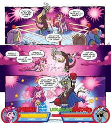 Size: 1103x1218 | Tagged: safe, artist:tonyfleecs, edit, official comic, applejack, discord, fluttershy, pinkie pie, rainbow dash, alicorn, draconequus, earth pony, pony, g4, idw, spoiler:comic, spoiler:comic57, alicornified, boxing ring, comic, cropped, crying, defeated, female, male, mare, pinkiecorn, princess of chaos, race swap, winner, xk-class end-of-the-world scenario