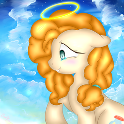 Size: 3000x3000 | Tagged: safe, artist:saralien, pear butter, angel, earth pony, pony, g4, the perfect pear, blushing, cloud, female, halo, heaven, high res, sad, sky, solo
