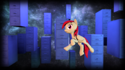 Size: 3840x2160 | Tagged: safe, artist:jeff556, oc, oc only, oc:epiclper, pegasus, pony, 3d, concerned, confused, female, filing cabinet, floating, high res, mare, solo, source filmmaker, space, vignette