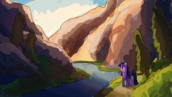 Size: 1280x720 | Tagged: safe, artist:camyllea, twilight sparkle, alicorn, pony, g4, atg 2017, female, mare, newbie artist training grounds, outdoors, river, scenery, solo, tree, twilight sparkle (alicorn)