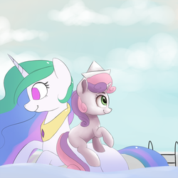Size: 1000x1000 | Tagged: safe, artist:vanillaghosties, princess celestia, sweetie belle, inflatable pony, pony, unicorn, g4, cute, diasweetes, female, filly, floating, hat, inflatable, paper hat, ponies riding ponies, pool toy, riding, smiling, solo, sweetie belle riding celestia, swimming pool, water