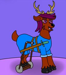 Size: 1120x1280 | Tagged: safe, artist:emerald rush, oc, oc only, deer, pony, ask emerald rush, disabled, male, solo, sword, weapon, wheelchair