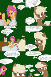 Size: 1600x2400 | Tagged: safe, artist:jake heritagu, scootaloo, oc, oc:lightning blitz, oc:sandy hooves, earth pony, pegasus, pony, comic:ask motherly scootaloo, g4, baby, baby pony, cast, chair, colt, comic, dialogue, feeding, female, food, hairpin, highchair, letter, male, mare, mother and son, motherly scootaloo, offspring, older, older scootaloo, parent:rain catcher, parent:scootaloo, parents:catcherloo, speech bubble, spoon, sweatshirt, table