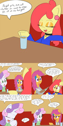 Size: 1600x3200 | Tagged: safe, artist:jake heritagu, apple bloom, scootaloo, sweetie belle, pony, comic:ask motherly scootaloo, g4, cast, clothes, comic, cutie mark crusaders, glass, hairpin, motherly scootaloo, straw, sweater, sweatshirt, table