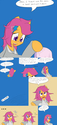 Size: 2400x5200 | Tagged: safe, artist:jake heritagu, scootaloo, pony, comic:ask motherly scootaloo, g4, cast, clothes, comic, dress, female, gears, hairpin, lightbulb, motherly scootaloo, solo, sweatshirt