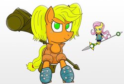 Size: 1280x871 | Tagged: safe, artist:matchstickman, applejack, fluttershy, pony, g4, crossover, diane the serpent's sin of envy, female, giant pony, giantess, hammer, king the grizzly's sin of sloth, lesbian, macro, ship:appleshy, shipping, spear, the seven deadly sins, war hammer, weapon