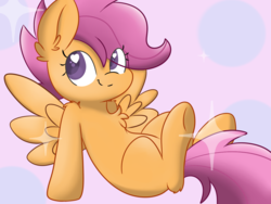 Size: 1400x1050 | Tagged: safe, artist:meowmavi, scootaloo, pegasus, pony, g4, cute, cutealoo, female, filly, heart eyes, leaning, looking at you, on back, solo, sparkles, wingding eyes