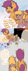 Size: 1000x2500 | Tagged: safe, artist:conmanwolf, scootaloo, oc, oc:orion comet, pegasus, pony, ask factory scootaloo, g4, cloudsdale, comic, factory scootaloo, playground