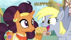 Size: 1366x768 | Tagged: safe, edit, derpy hooves, saffron masala, pony, g4, derp, dialogue, food, muffin, ponyville