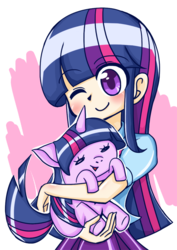 Size: 707x1000 | Tagged: safe, artist:white oil, twilight sparkle, alicorn, human, pony, equestria girls, g4, adorkable, blushing, carrying, chibi, cute, dork, female, holding a pony, human coloration, human ponidox, mare, one eye closed, pixiv, self ponidox, twiabetes, twilight sparkle (alicorn)