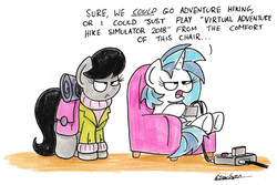 Size: 2244x1496 | Tagged: safe, artist:bobthedalek, dj pon-3, octavia melody, vinyl scratch, pony, g4, chair, clothes, jacket, octavia is not amused, saddle bag, sweater, traditional art, unamused, video game