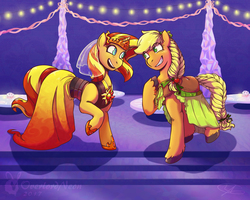 Size: 3000x2400 | Tagged: safe, artist:overlordneon, applejack, sunset shimmer, earth pony, pony, unicorn, fanfic:in pieces, series:who we become, g4, alternate hairstyle, clothes, dress, fanfic, fanfic art, female, friends, high res, looking at each other, mare, smiling