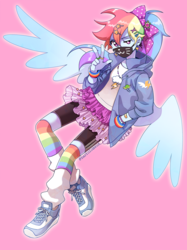 Size: 800x1067 | Tagged: safe, artist:bartolomeus_, rainbow dash, human, equestria girls, g4, alternate clothes, alternate hairstyle, bike shorts, bow, bracelet, clothes, compression shorts, decora, female, hair bow, hair ribbon, harajuku, hoodie, humanized, jewelry, looking at you, loose socks, mask, pixiv, rainbow socks, ring, shoes, simple background, skirt, sneakers, socks, solo, striped socks, surgical mask, wings
