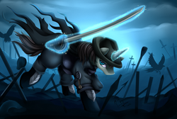 Size: 2717x1824 | Tagged: safe, artist:pridark, oc, oc only, pony, unicorn, battlefield, clothes, commission, hat, magic, solo, sword, weapon