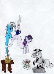 Size: 747x1024 | Tagged: safe, artist:kittens4mittens, princess luna, trixie, twilight sparkle, genie, pony, g4, christmas gift, female, lesbian, ship:twixie, shipping, younger