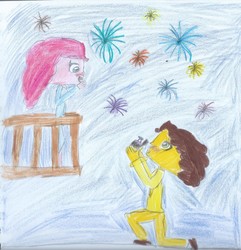 Size: 1570x1629 | Tagged: safe, artist:brittany-the-ppg, cheese sandwich, pinkie pie, human, g4, female, fireworks, humanized, male, marriage proposal, ship:cheesepie, shipping, straight, traditional art
