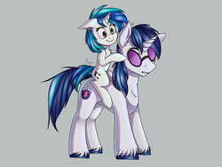 Size: 1024x768 | Tagged: safe, artist:magicstarfriends, dj pon-3, shining armor, vinyl scratch, pony, unicorn, g4, brother and sister, cousins, female, headcanon, heterochromia, male, ponies riding ponies, riding, vinyl's glasses, younger