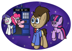 Size: 1330x936 | Tagged: safe, artist:techreel, doctor whooves, pinkie pie, rarity, time turner, twilight sparkle, earth pony, pony, unicorn, g4, doctor who, doctor whooves adventures, female, male, mare, rariwhooves, stallion, tardis, the doctor