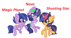 Size: 1024x555 | Tagged: safe, artist:lamalover2000, oc, oc only, oc:magic planet, oc:nova, oc:shooting star, pony, next generation, offspring, parent:flash sentry, parent:fluttershy, parent:twilight sparkle, parents:flashlight, trio, watermark