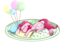Size: 1024x666 | Tagged: safe, artist:sisitowe, pinkie pie, earth pony, pony, g4, balloon, cupcake, eyes closed, female, food, mare, prone, simple background, sleeping, solo, transparent background