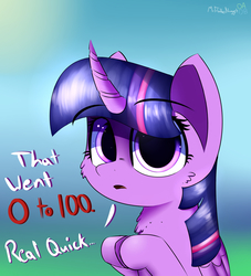 Size: 2000x2200 | Tagged: safe, twilight sparkle, alicorn, pony, g4, blurry background, cropped, curved horn, dialogue, female, fluffy, high res, horn, mare, sitting, solo, that escalated quickly, twilight sparkle (alicorn)