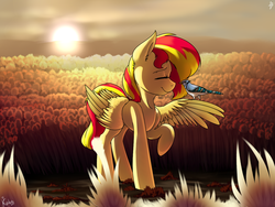 Size: 1024x768 | Tagged: safe, artist:magicstarfriends, sunset shimmer, bird, pegasus, pony, g4, autumn, cute, female, mare, pegasus sunset shimmer, race swap, shimmerbetes, smiling, sunset