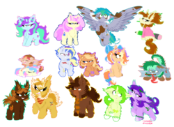 Size: 1024x745 | Tagged: safe, artist:vanillaswirl6, oc, oc only, oc:cerulean bird, oc:cobalt blast, earth pony, pegasus, pony, unicorn, axe, bandana, book, bow, bracelet, chest fluff, clothes, ear fluff, ear pull, eyes closed, female, fluffy, freckles, glasses, hat, hoodie, jewelry, lots of characters, male, mare, meatball, mouth hold, no pupils, one eye closed, open mouth, pencil, pocket watch, prone, ribbon, scarf, sharp teeth, shoulder fluff, sleeping, spread wings, stallion, tail wrap, teeth, wall of tags, weapon, wings, wink, yawn