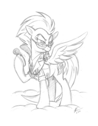 Size: 2574x3299 | Tagged: safe, artist:hexfloog, spitfire, pegasus, pony, g4, commission, female, high res, mare, sketch, solo, stopwatch, sunglasses, traditional art, whistle, wonderbolts dress uniform