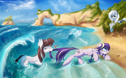 Size: 2560x1600 | Tagged: safe, artist:aurelleah, edit, oc, oc only, oc:acure serenity, oc:aurelleah, oc:azure serenity, oc:rozelle, pony, beach, behaving like a cat, biting, color porn, commission, cute, detailed, duo, frown, happy, monochrome, nom, painting, playing, prone, sand, scared, scenery, smiling, tail pull, water