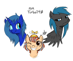 Size: 672x566 | Tagged: safe, artist:heart-of-stitches, oc, oc only, oc:blackout, oc:duckfoot, oc:sapphire, earth pony, pegasus, pony, unicorn, female, filly, mare, one eye closed, propeller hat, simple background, white background, wink