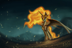 Size: 4500x3000 | Tagged: safe, artist:foughtdragon01, daybreaker, alicorn, pony, g4, female, helmet, jewelry, looking at you, mane of fire, mare, outdoors, regalia, signature, smiling, solo, standing, sword, weapon