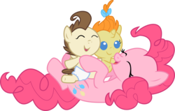 Size: 4831x3068 | Tagged: safe, artist:laberoon, pinkie pie, pound cake, pumpkin cake, pony, baby cakes, g4, cute, diapinkes, eyes closed, happy, high res, on back, poundabetes, pumpkinbetes, simple background, transparent background, vector
