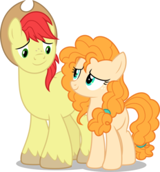 Size: 4635x5000 | Tagged: safe, artist:dashiesparkle, bright mac, pear butter, earth pony, pony, g4, the perfect pear, .svg available, absurd resolution, female, looking at each other, male, mare, ship:brightbutter, shipping, simple background, stallion, straight, transparent background, vector