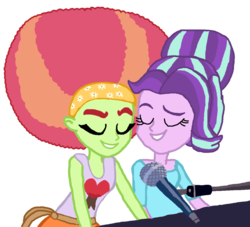 Size: 938x852 | Tagged: safe, artist:ktd1993, starlight glimmer, tree hugger, equestria girls, g4, afro, equestria girls-ified, female, lesbian, microphone, musical instrument, piano, shipping, starhugger