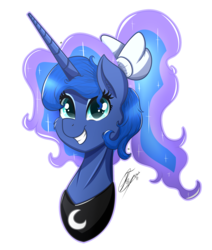 Size: 2171x2564 | Tagged: safe, artist:nexcoyotlgt, princess luna, pony, g4, alternate hairstyle, bow, bust, cute, female, grin, hair bow, high res, looking at you, lunabetes, mare, ponytail, portrait, simple background, smiling, solo, transparent background