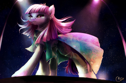 Size: 1105x729 | Tagged: safe, artist:yummiestseven65, glitter spritz, pony, g4, honest apple, background pony, clothes, female, mare, modeling, solo, stage