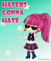 Size: 1000x1200 | Tagged: safe, artist:electricshine, sour sweet, equestria girls, g4, my little pony equestria girls: friendship games, chibi, clothes, crystal prep academy uniform, crystal prep shadowbolts, female, gradient background, haters gonna hate, high heels, meme, peace sign, school uniform, shoes, skirt, smiling, socks, sunglasses