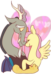 Size: 400x600 | Tagged: safe, artist:glut-max, discord, fluttershy, pony, g4, female, heart, male, ship:discoshy, shipping, size difference, straight