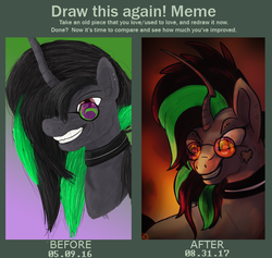 Size: 784x744 | Tagged: safe, artist:overlord pony, oc, oc only, oc:brokenbones, pony, unicorn, collar, curved horn, draw this again, female, glasses, horn, progress, solo