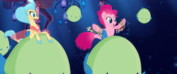 Size: 1920x804 | Tagged: safe, screencap, pinkie pie, princess skystar, fish, puffer fish, seapony (g4), g4, my little pony: the movie, official, blue mane, bubble, eyelashes, female, fins, fish tail, flowing mane, flowing tail, freckles, glowing, happy, jewelry, looking at each other, looking at someone, mare, necklace, ocean, open mouth, open smile, pearl necklace, pink mane, scales, seaponified, seapony pinkie pie, seaquestria, seashell necklace, smiling, smiling at each other, species swap, tail, teeth, underwater, water