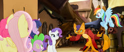 Size: 1920x804 | Tagged: safe, screencap, capper dapperpaws, fluttershy, pinkie pie, rainbow dash, rarity, spike, twilight sparkle, abyssinian, alicorn, cat, dragon, pony, anthro, g4, my little pony: the movie, butt, chest fluff, clothes, female, male, mare, plot, twilight sparkle (alicorn)