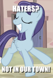Size: 505x745 | Tagged: safe, edit, edited screencap, screencap, blueberry frosting, pony, g4, season 5, the cutie map, animation error, egalitarianism, equal cutie mark, equalized, equalized mane, haters gonna hate, image macro, meme, missing horn, our town, solo