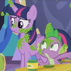 Size: 1079x1078 | Tagged: safe, screencap, spike, twilight sparkle, alicorn, dragon, pony, a flurry of emotions, g4, season 7, cropped, discovery family logo, mashed peas, twilight sparkle (alicorn)