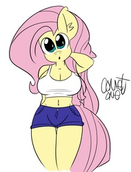 Size: 1899x2500 | Tagged: safe, artist:comet0ne, fluttershy, anthro, g4, arm behind head, breasts, busty fluttershy, clothes, curvy, digital art, female, shorts, sketch, tank top