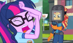 Size: 521x307 | Tagged: safe, edit, screencap, sci-twi, sunset shimmer, twilight sparkle, equestria girls, g4, get the show on the road, my little pony equestria girls: legend of everfree, my little pony equestria girls: summertime shorts, abuse, animated, female, gif, scared, screaming, this will end in pain, twilybuse, welding, welding mask